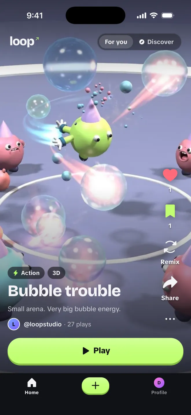 Bubble trouble, a 3D action game, in the feed