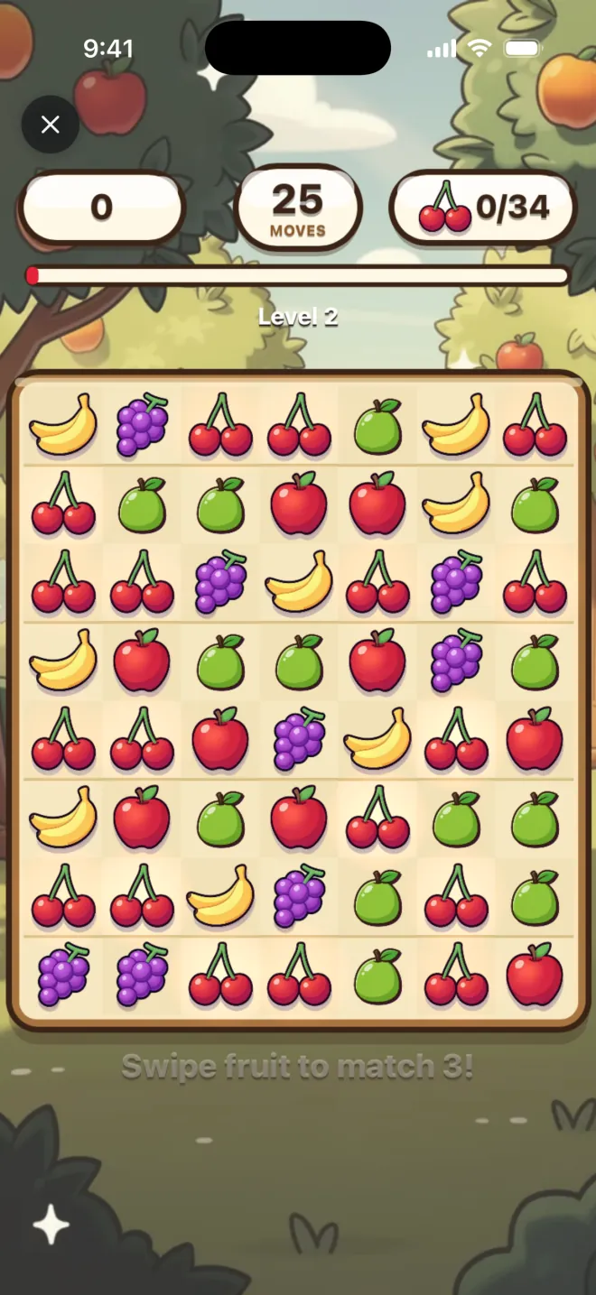 Cherry Orchard Crush being played: a match-three board of fruit with moves and a cherry goal