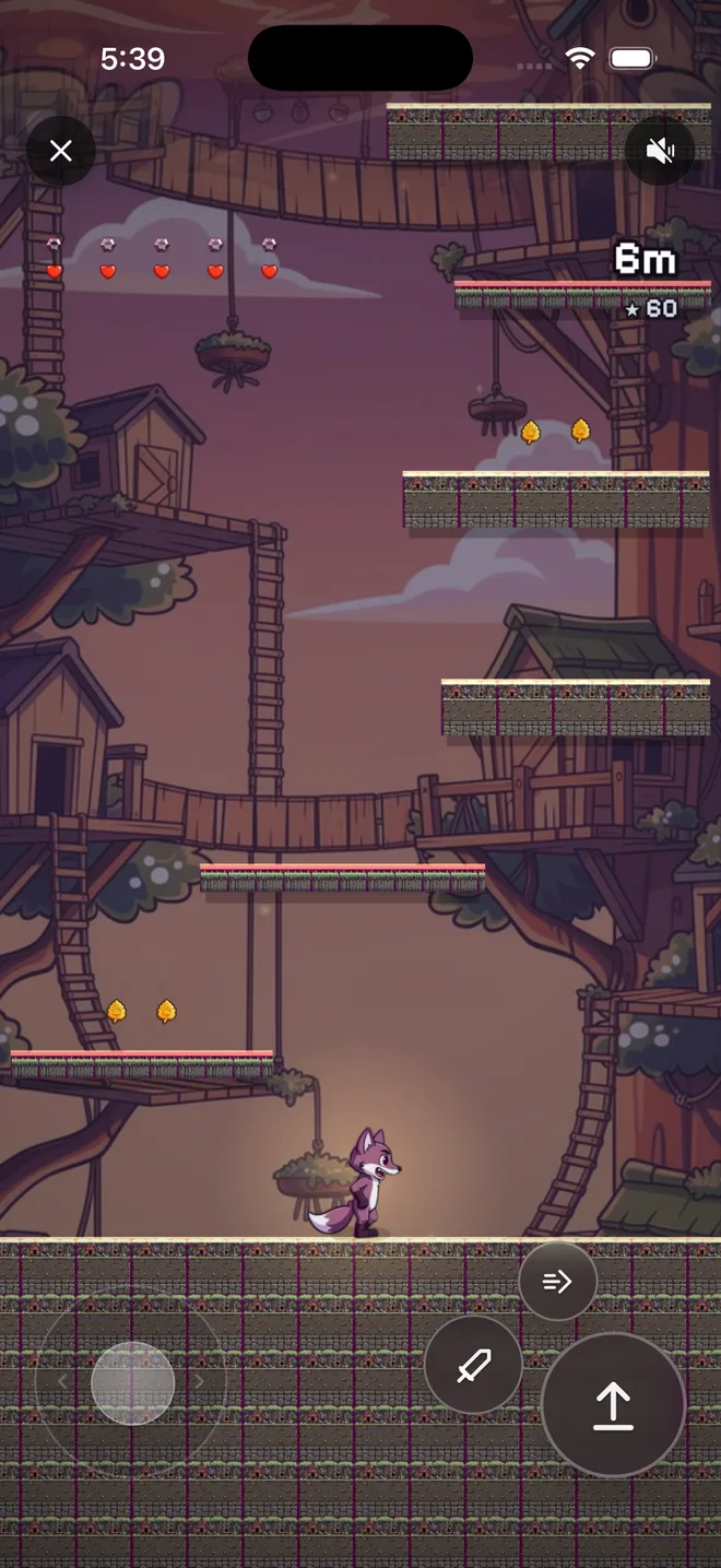 Foxwood Climb being played: a fox in a treehouse with on-screen controls